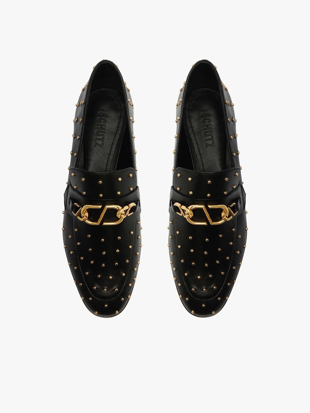 SCHUTZ Black Leather Studded Loafers with Gold Stud detail NWOT size 7